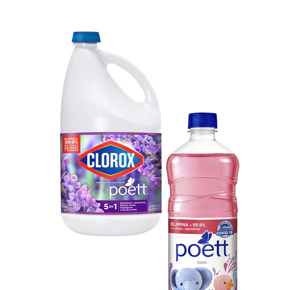Pack Lejía CLOROX Lavanda & Jazmín Botella 4Kg + Limpiador POETT Bebé Botella 900ml