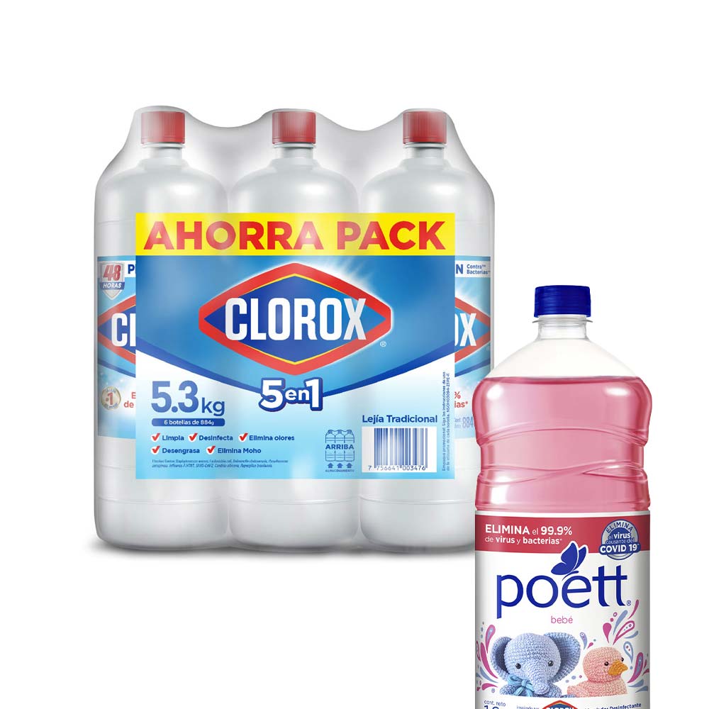 Pack Lejía CLOROX Tradicional Ahorrapack Botella 884g Paquete 6un + Limpiador POETT Bebé Botella 1.8L