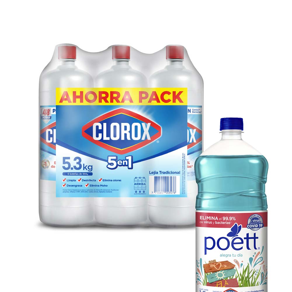 Pack Lejía CLOROX Tradicional Ahorrapack Botella 884g Paquete 6un + Limpiador POETT Alegra Tu Día Botella 1.8L
