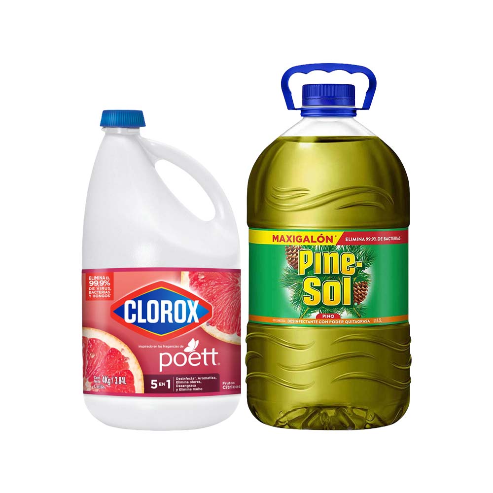 Pack Lejía CLOROX Frutos Cítricos Botella 4Kg + Desinfectante PINESOL Original Pino Botella 4.5L