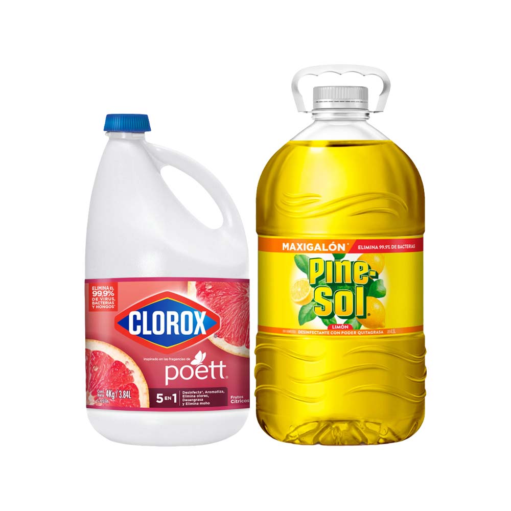 Pack Lejía CLOROX Frutos Cítricos Botella 4Kg + Desinfectante PINESOL Aroma a Limón Botella 4.5L