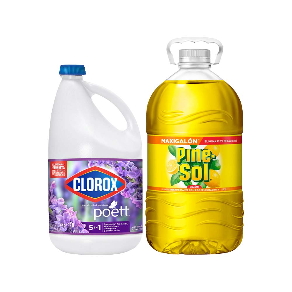 Pack Lejía CLOROX Lavanda & Jazmín Botella 4Kg + Desinfectante PINESOL Aroma a Limón Botella 4.5L