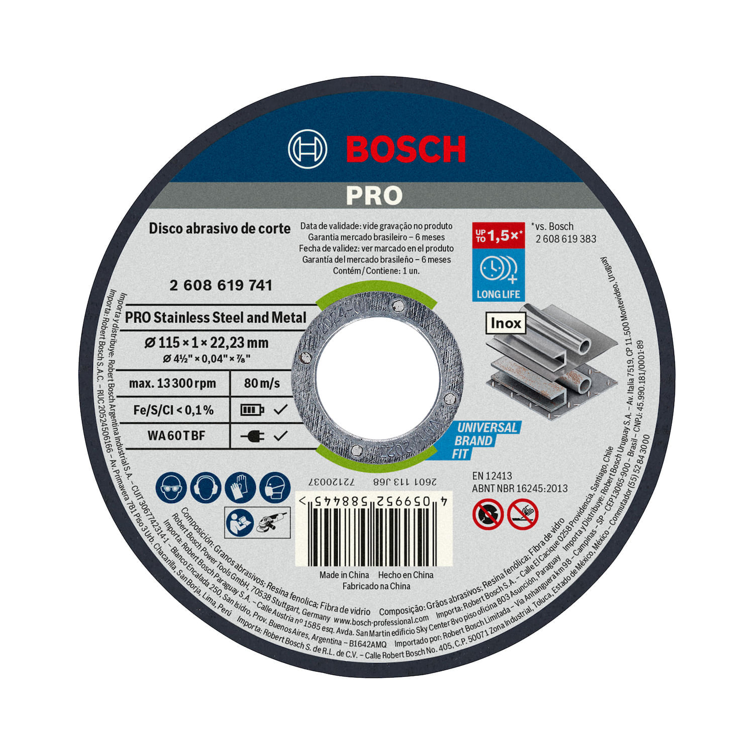 Disco Abrasivo de corte Inoxidable Met 4-1/2"115x1x22.23mm Bosch