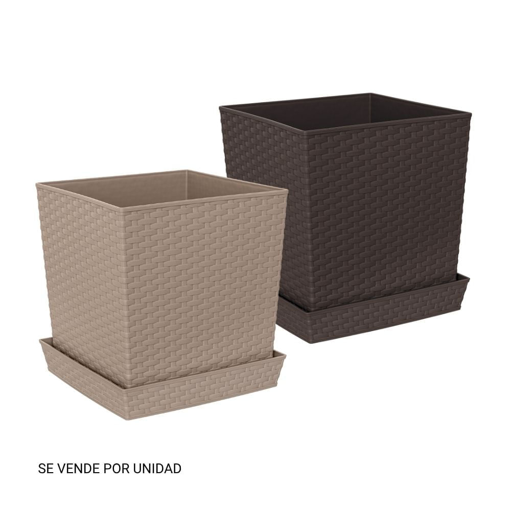 Maceta Cuadrada Estilo Ratan 30x30x30cm con Plato Reyplast