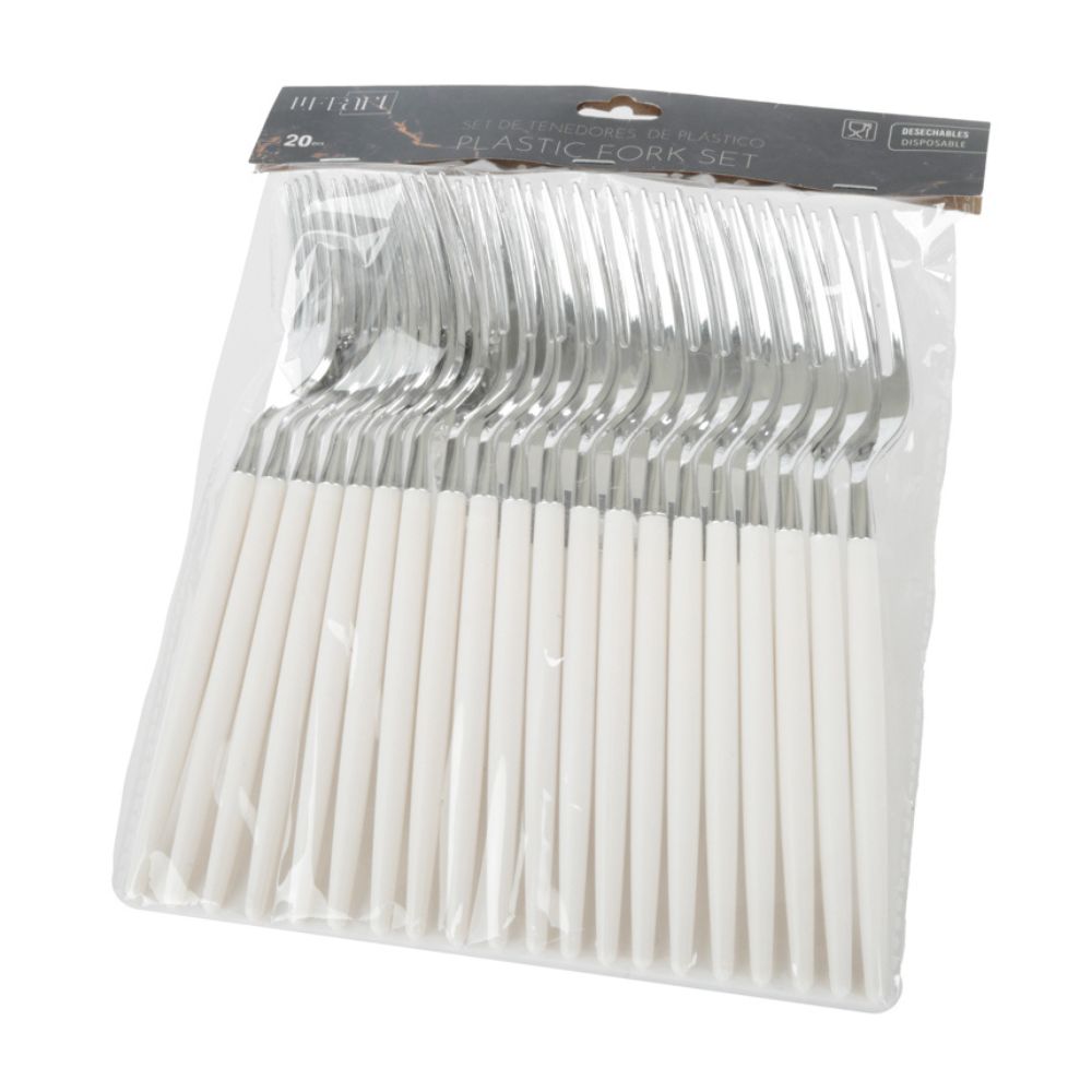 20 piezas Tenedor Desechables Plata/Blanco