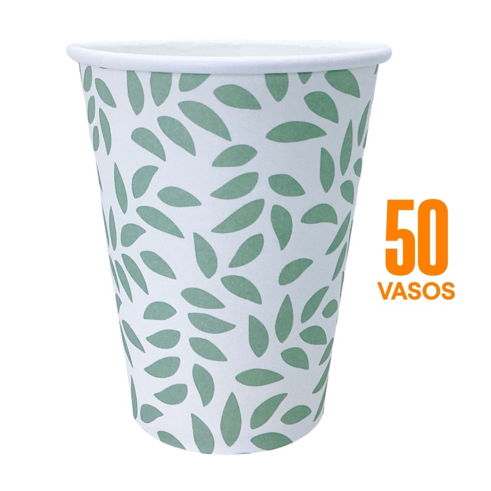 Set de 50 Vasos Desechables Hojas Verde/Blanco 355ml Designers - Vintage