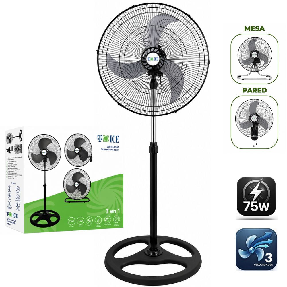 Ventilador T-ICE 75 Watts 3 ASPAS Pedestal Mesa y Pared