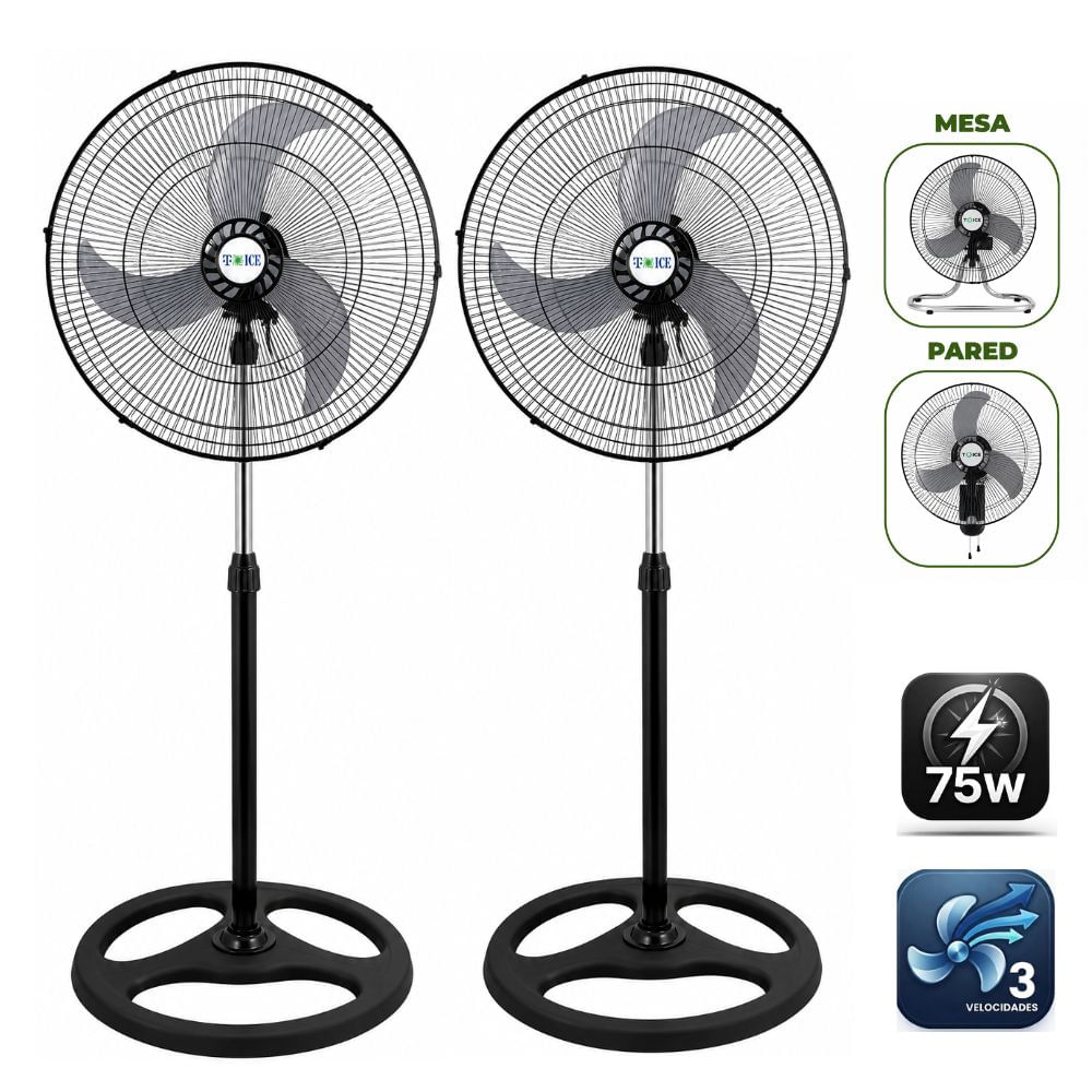 Pack 02 Ventiladores T-ICE 75 Watts 3 ASPAS Pedestal Mesa y Pared