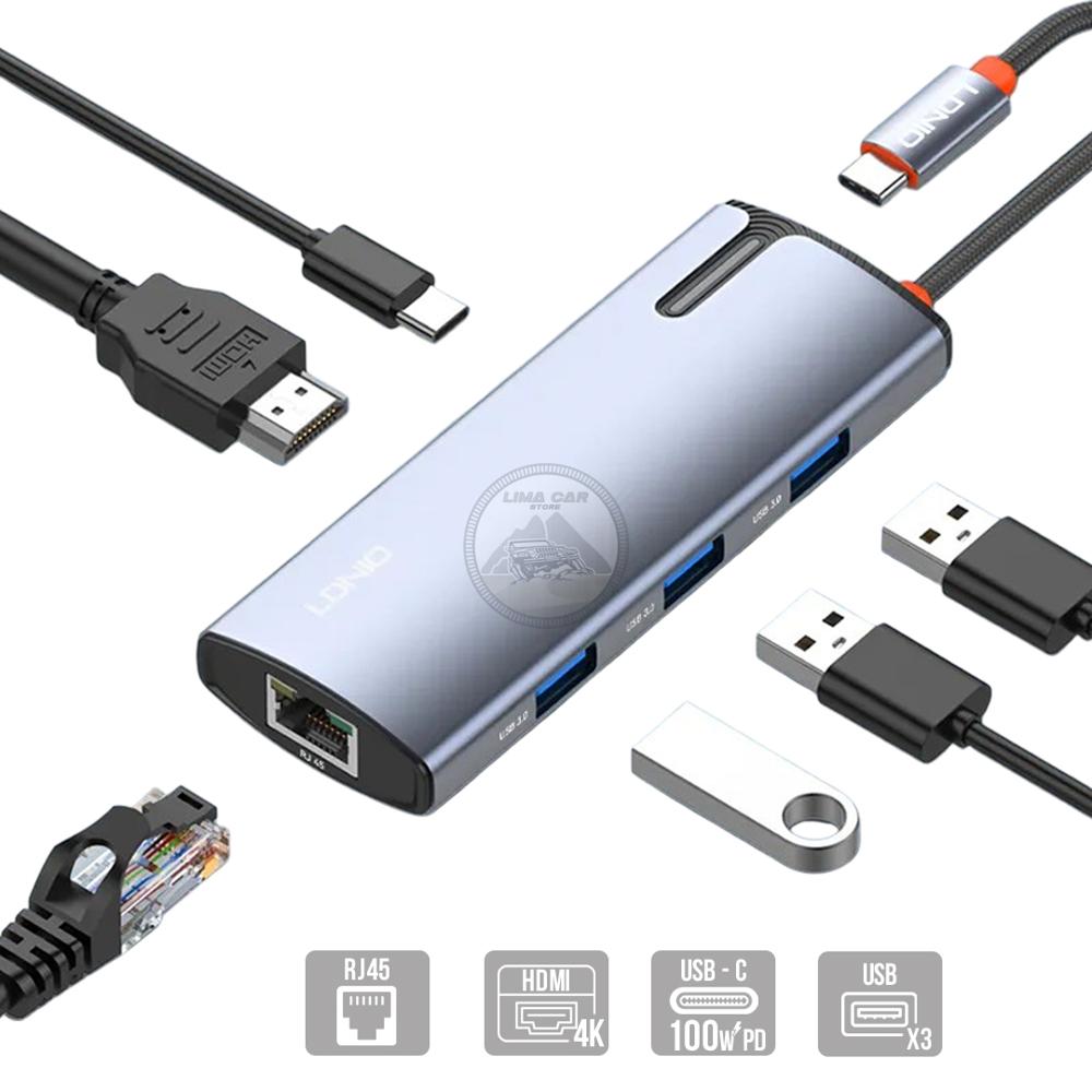 HUB Adaptador 6 en 1 Ethernet - HDMI - USB C 100W - USBx3 Ldnio