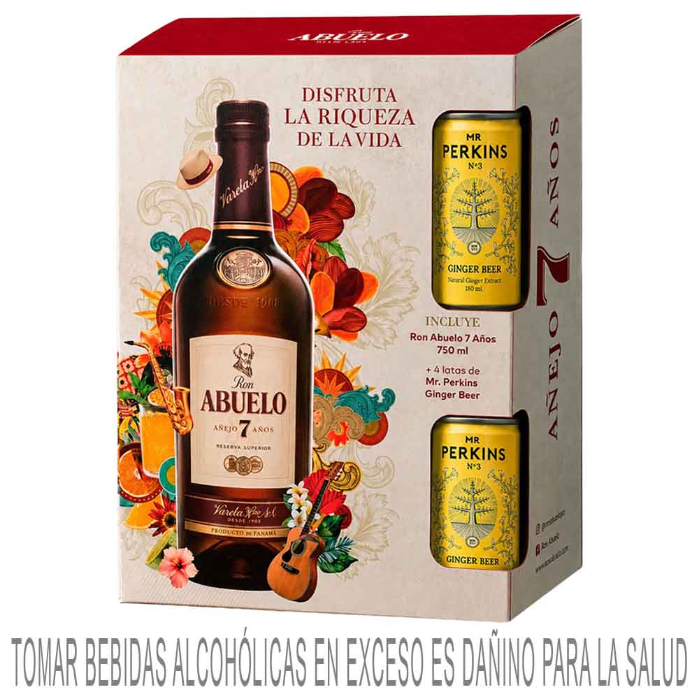 Pack Ron ABUELO 7 Años Botella 750ml + Ginger Beer MR PERKINS Lata 4un