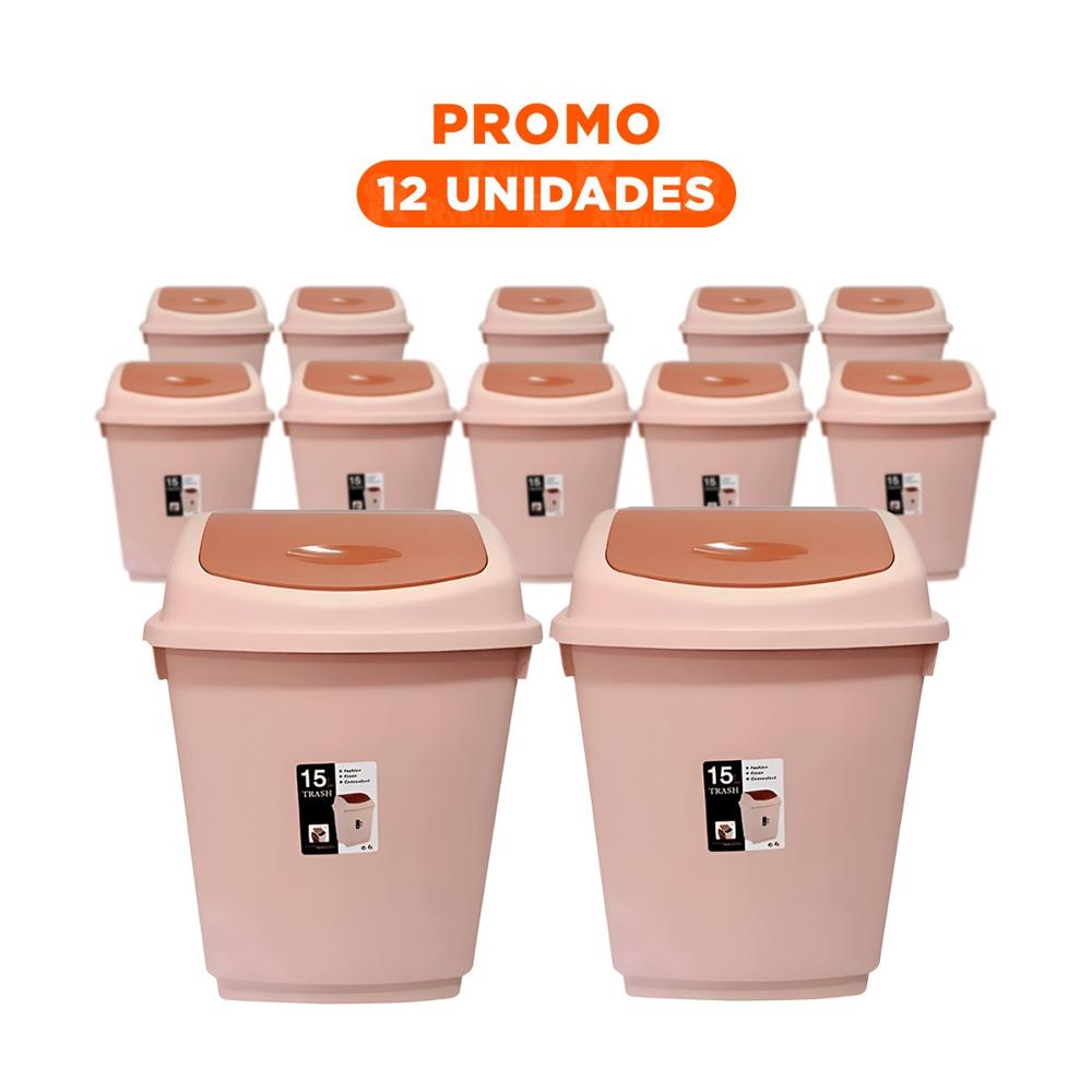 Pack12 Contenedor de Basura con Tapa Vaiven y Acabado Marron 15L
