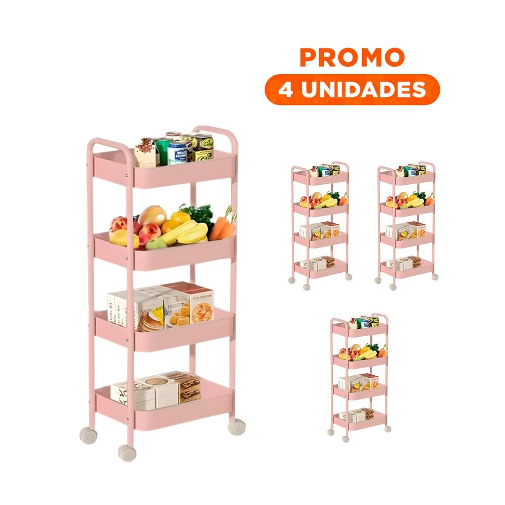 Pack4 Soporte rodante de 4 niveles con ruedas y asas para casa metal rosado