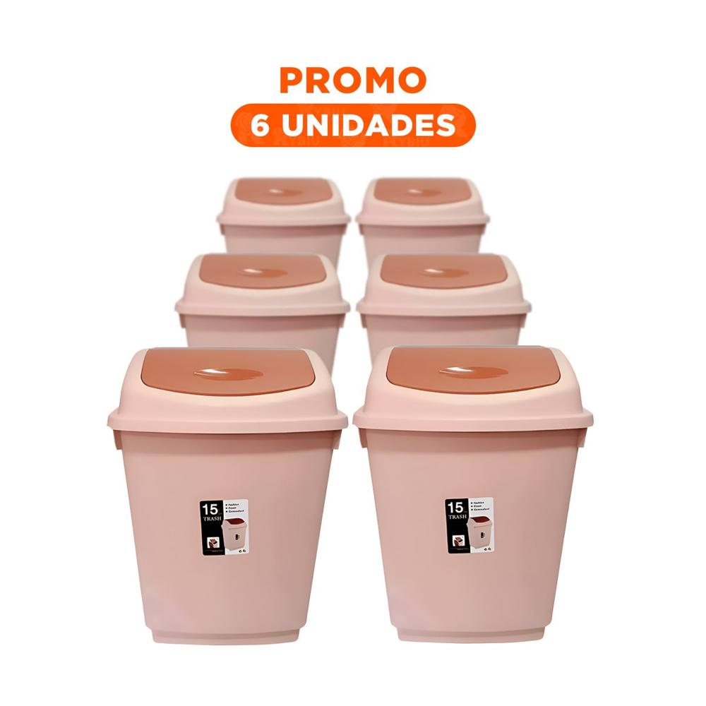 Pack6 Contenedor Vaiven de Basura con Tapa Marron Estable 15L Y Regalo Sticker
