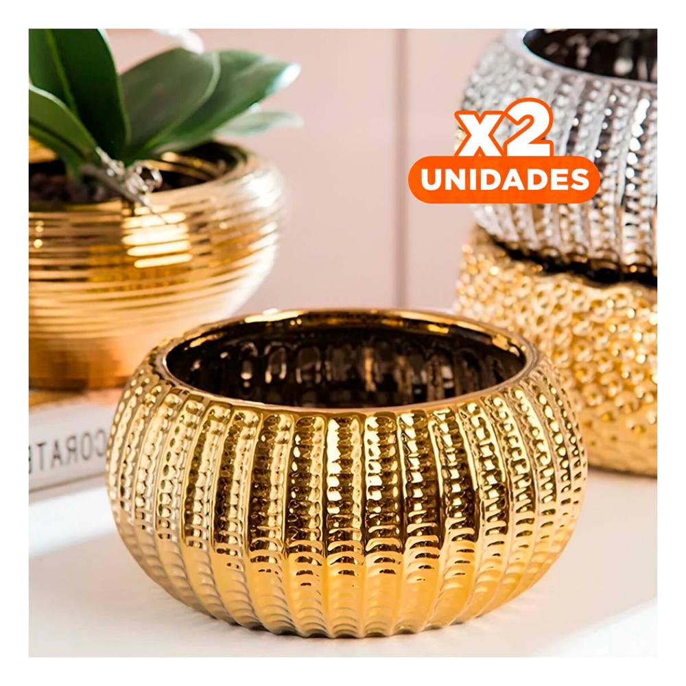 Pack2 Jardinera Elegante Ceramica Dorado 17.5x22x11.5cm Y Papel Regalo
