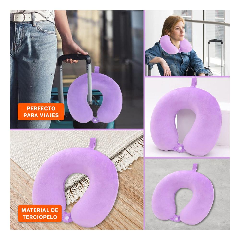 Almohada de Cuello Terciopelo Color Lila para Viajar con Soporte Relajante Y Ligas Regalo