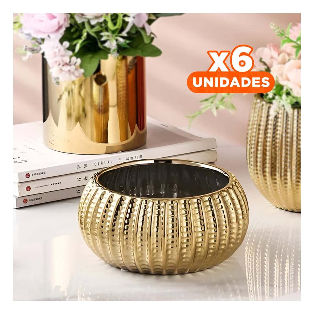 Pack6 Vasija Elegante Ceramica Dorado 17.5x22x11.5cm Y Papel Regalo