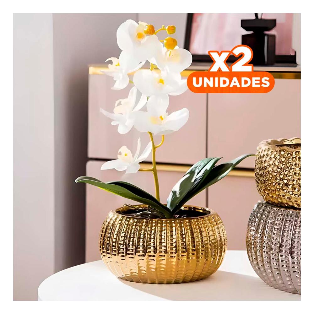 Pack2 Planta Cuenco Ceramica Dorado Acanalado Para Sala Y Jardin