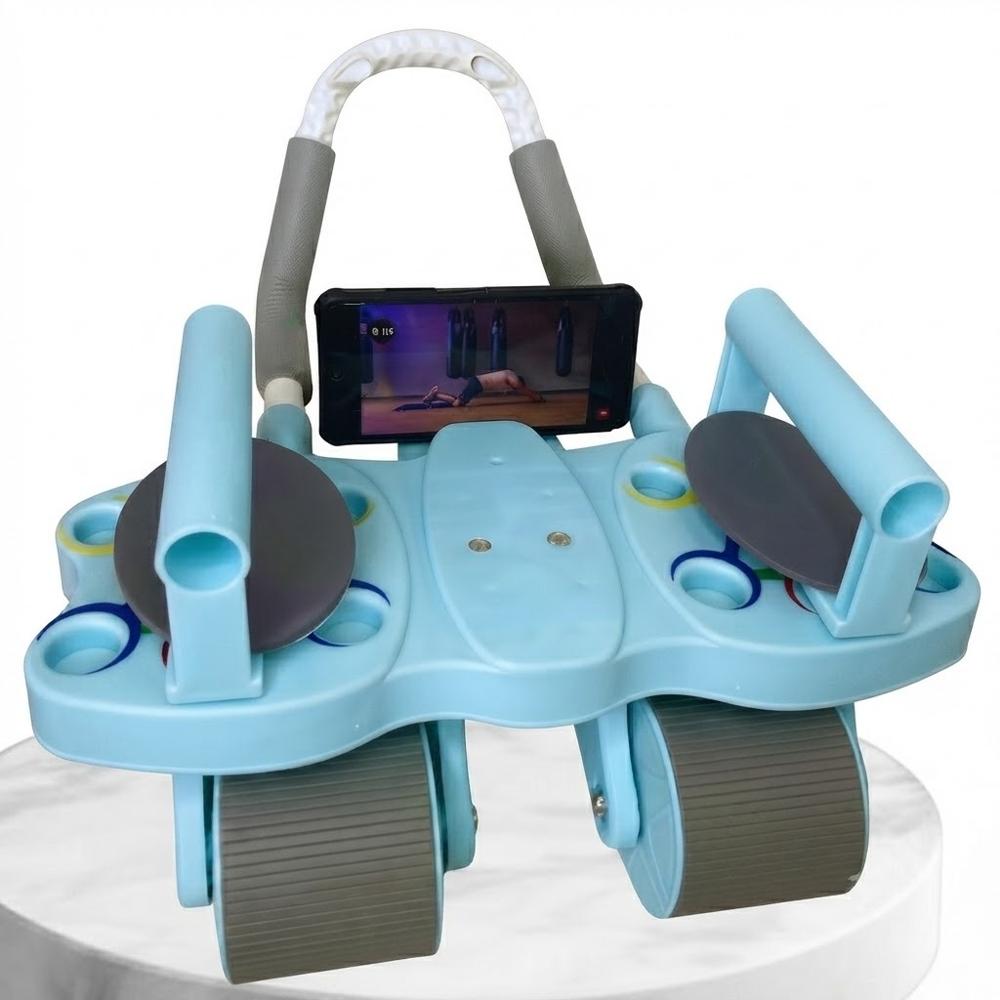 RODILLO ABDOMINAL 3 EN 1 DE 4 RUEDAS 4 CODERAS CON TABLERO DE FLEXIONES CELESTE