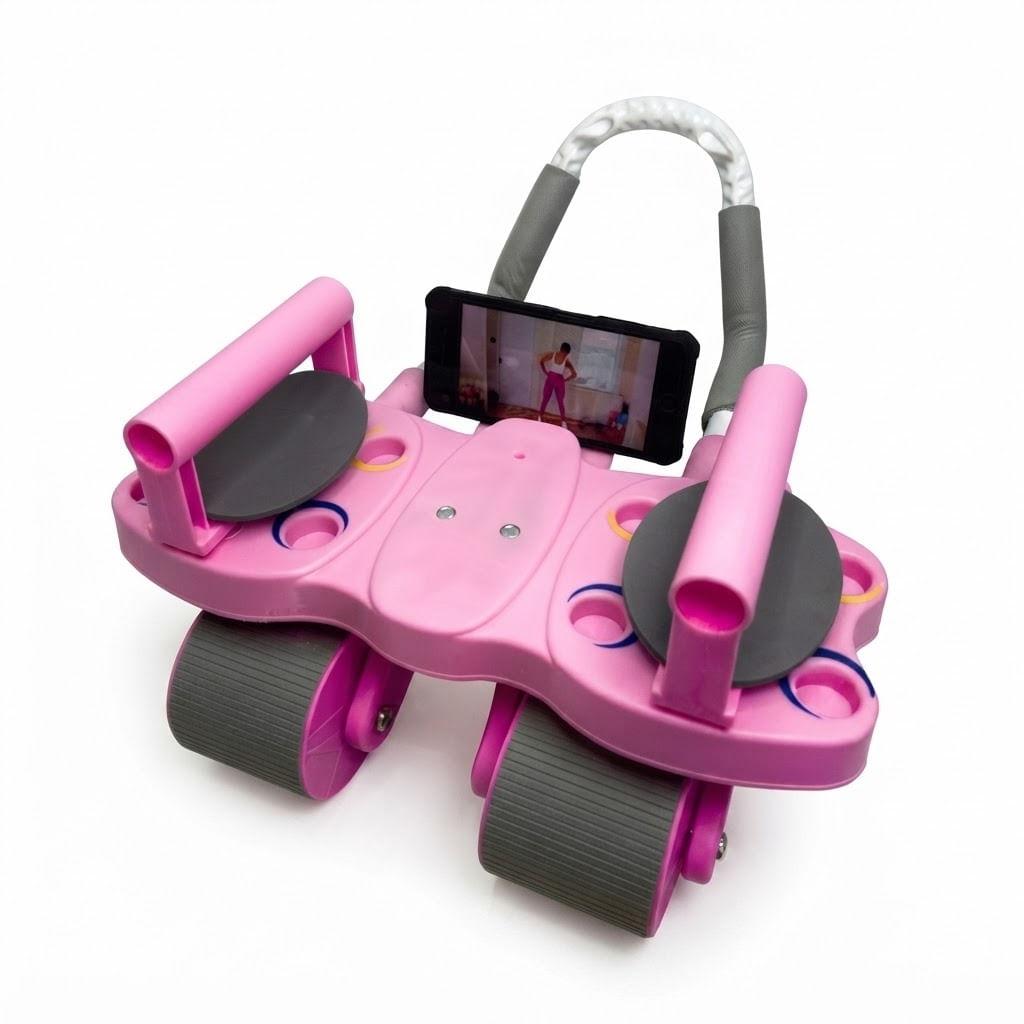 RODILLO ABDOMINAL 3 EN 1 DE 4 RUEDAS 4 CODERAS Y TABLERO DE FLEXIONES ROSADO