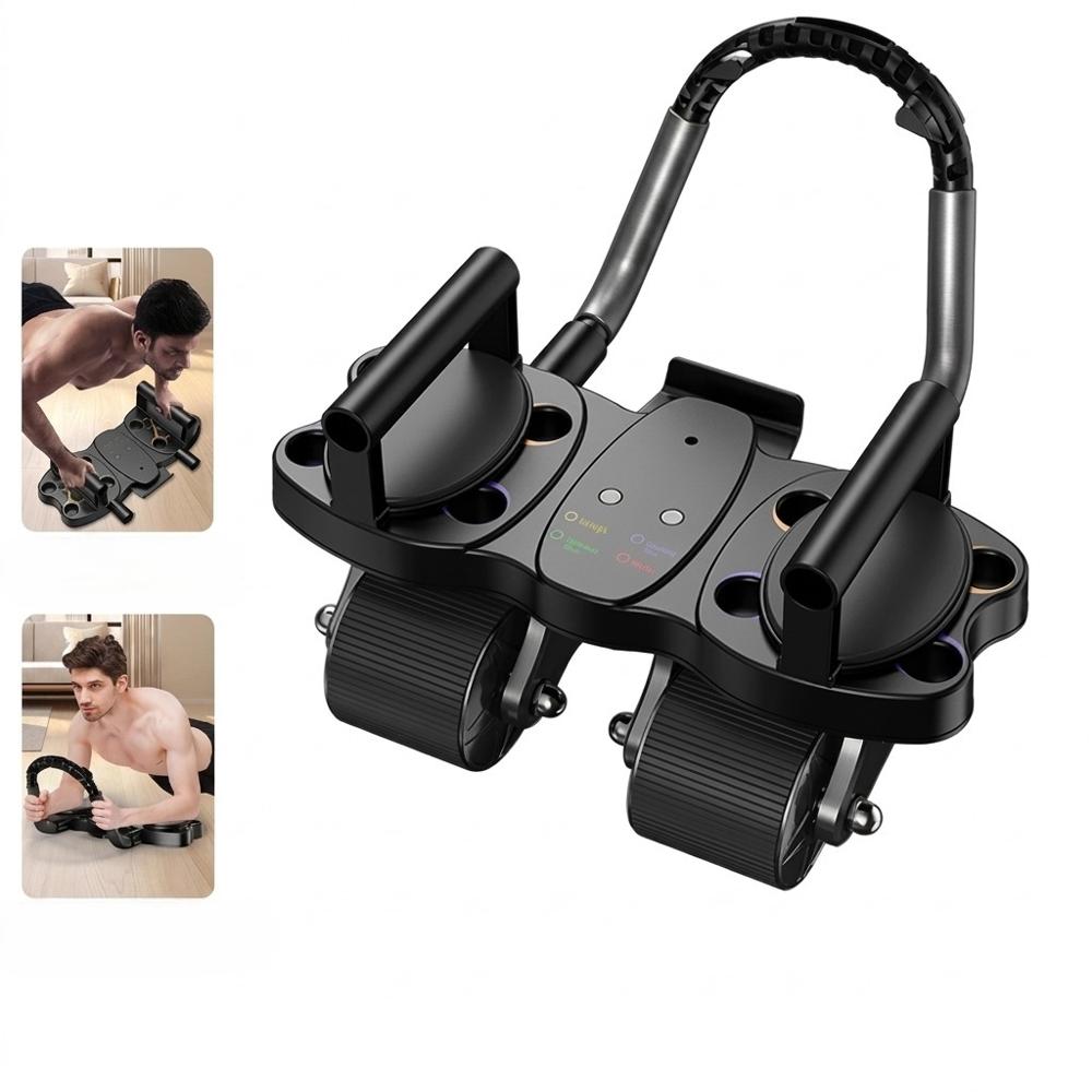 RODILLO ABDOMINAL 3 EN 1 DE 4 RUEDAS 4 CODERAS Y TABLERO DE FLEXIONES COLOR NEGRO.