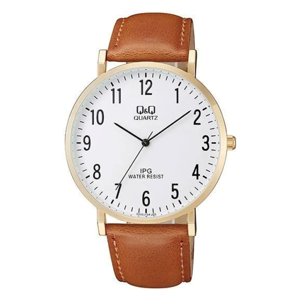 Reloj QyQ QZ02J104Y con Correa de Cuero Marrón Bisel Dorado y Esfera Blanca Reloj Ideal para Hombre