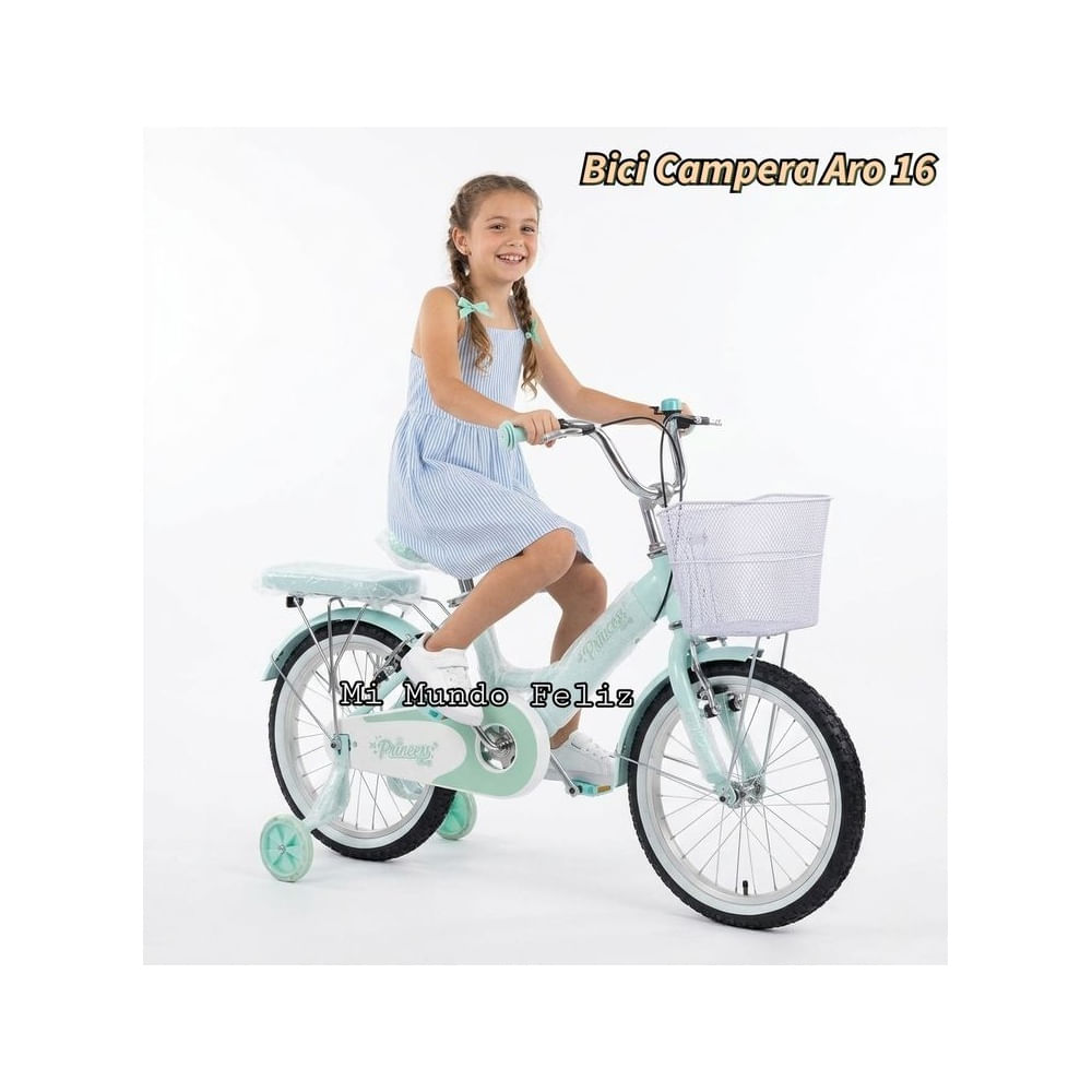 Bicicleta Campera para Niña Aro 16 con Canasta Verde Pastel