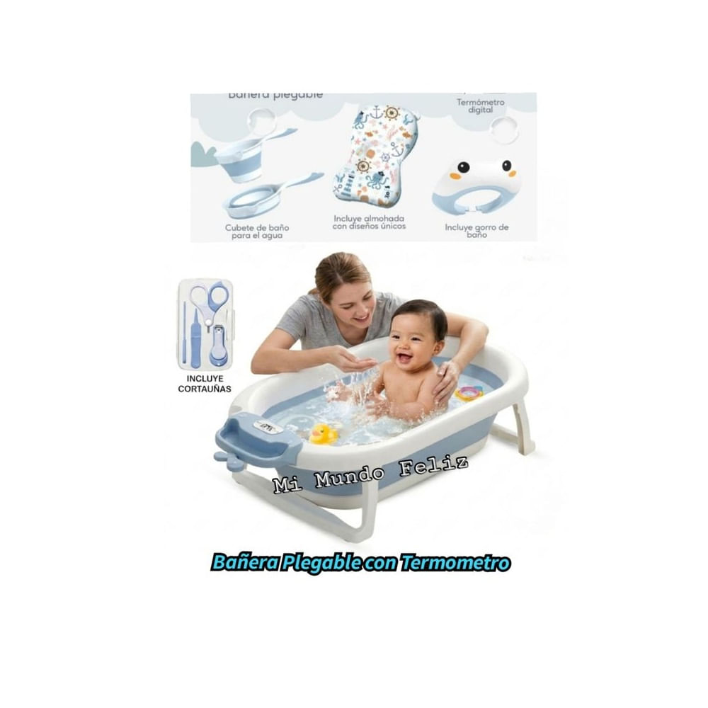 Bañera para Bebe Plegable con Termometro y Accesorios Azul