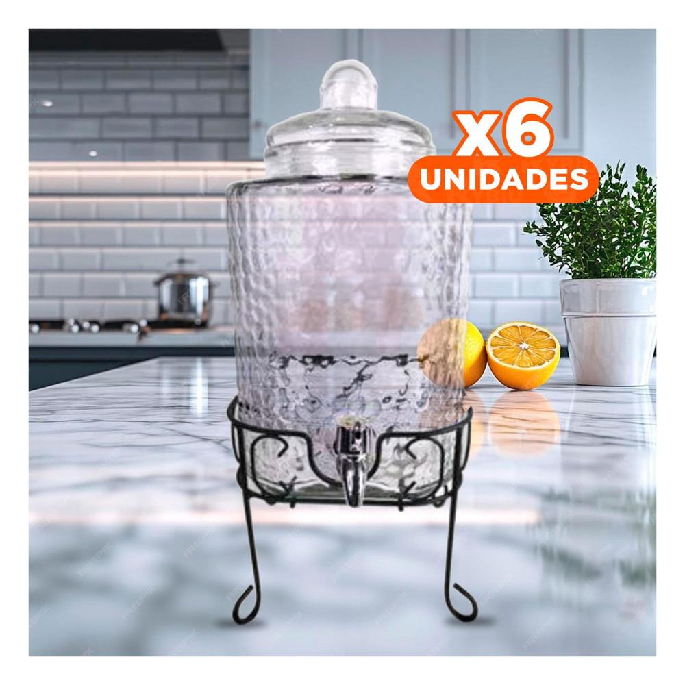 Pack6 Vasija de Bebida Transparente 6L con Base Metalica para Mesa del Hogar