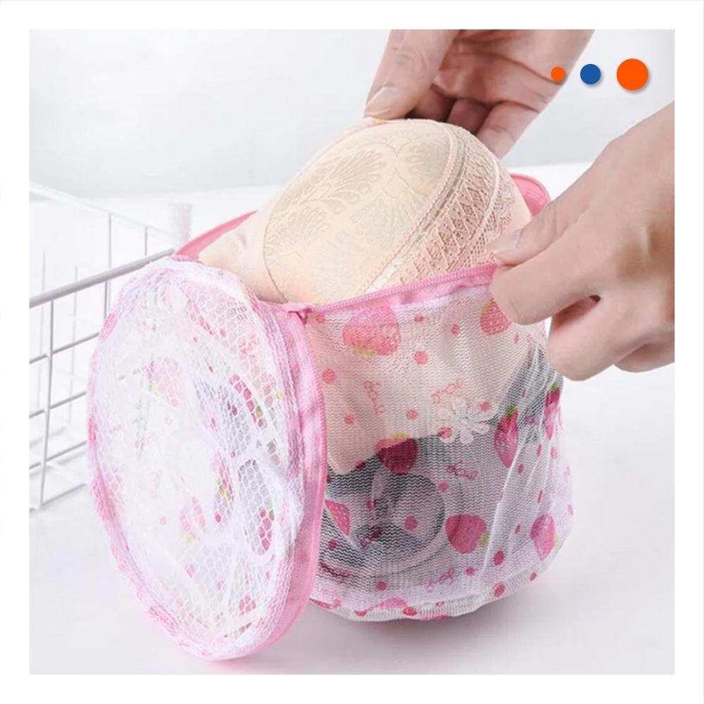 Bolsa Malla para Limpieza Ropa Formato Cilindro Blanco con Fresas Seguro Y notas