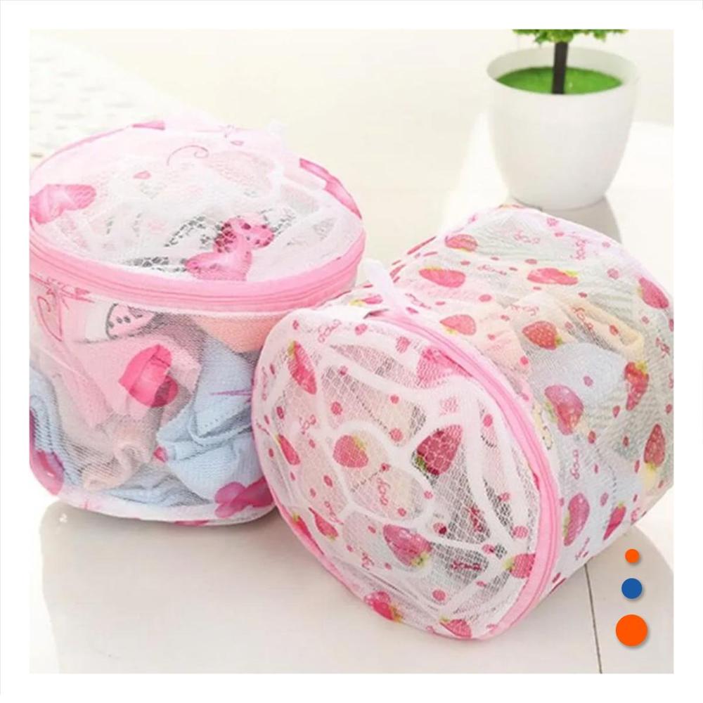 Bolsa Malla Lavado Ropa Forma Cilindro Blanco con Fresas Fino Uso Diario Y Papel Regalo