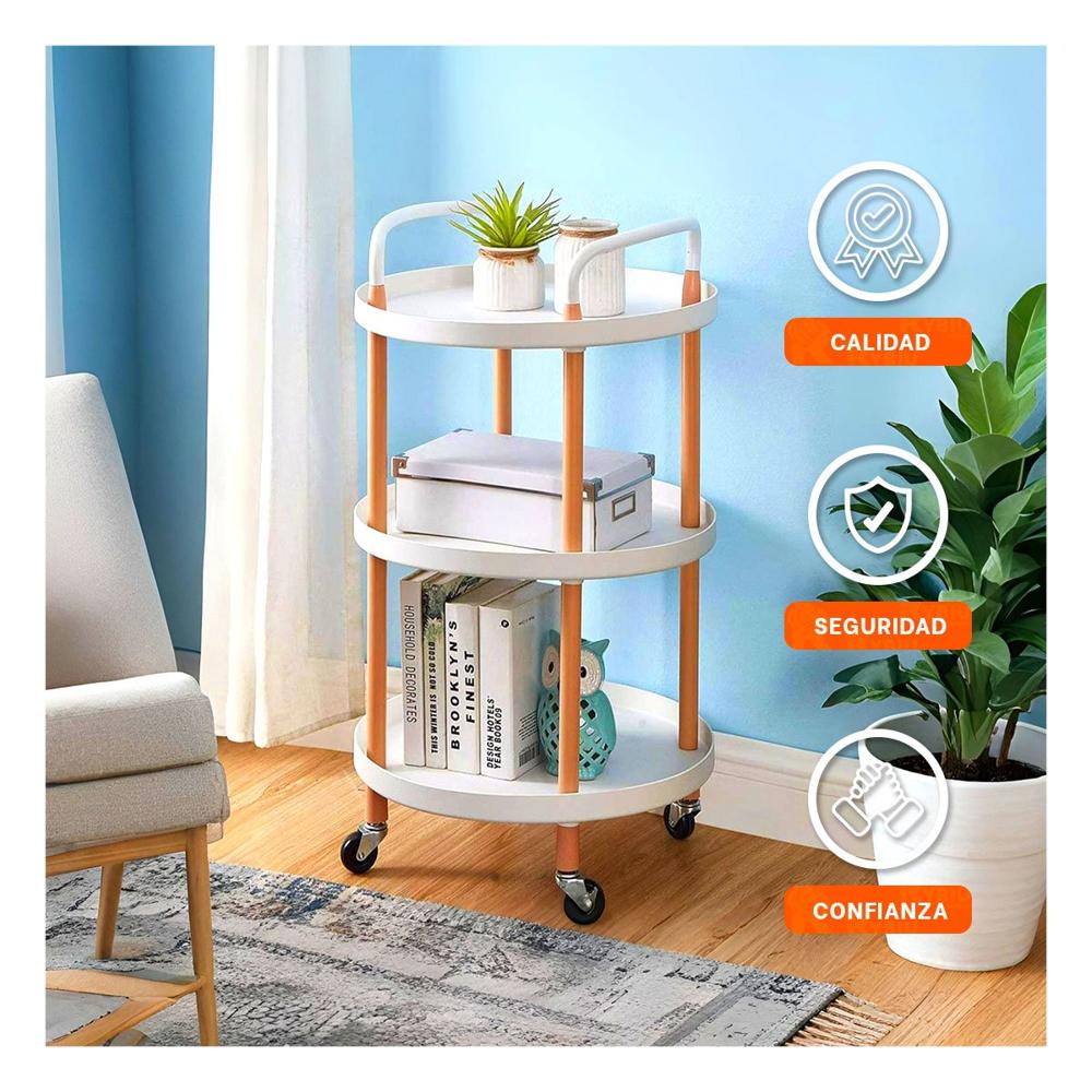 Mesa Carrito 3 Niveles Circular con Asa Blanco para Organizacion en Hogar