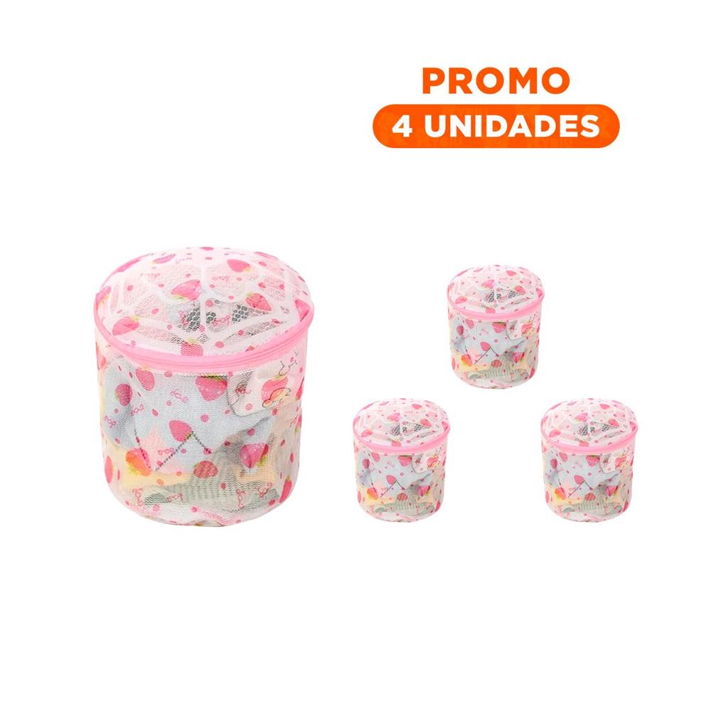 Pack4 Estuche Malla Lavadora Ropa Diseno Cilindro Blanco con Fresas Firme