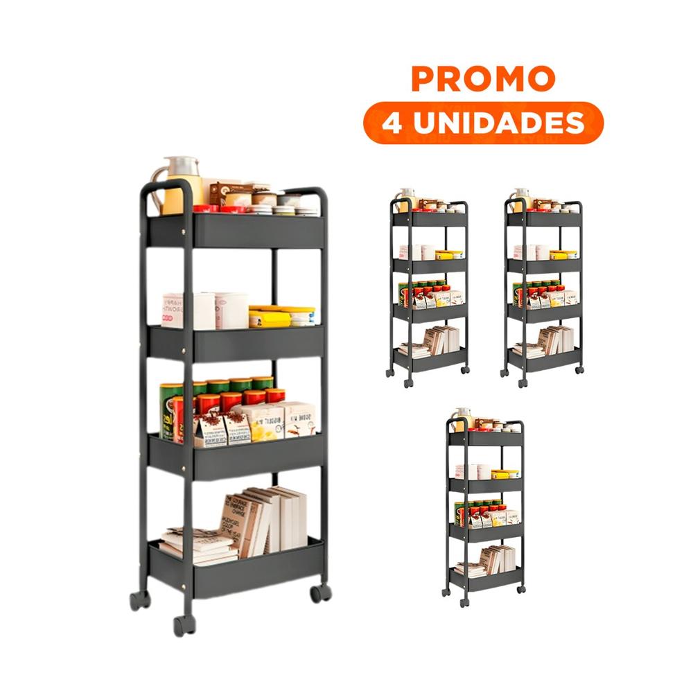 Pack4 Mobiliario Auxiliar de Metal Negro con Cuatro Niveles y Ruedas para Casa