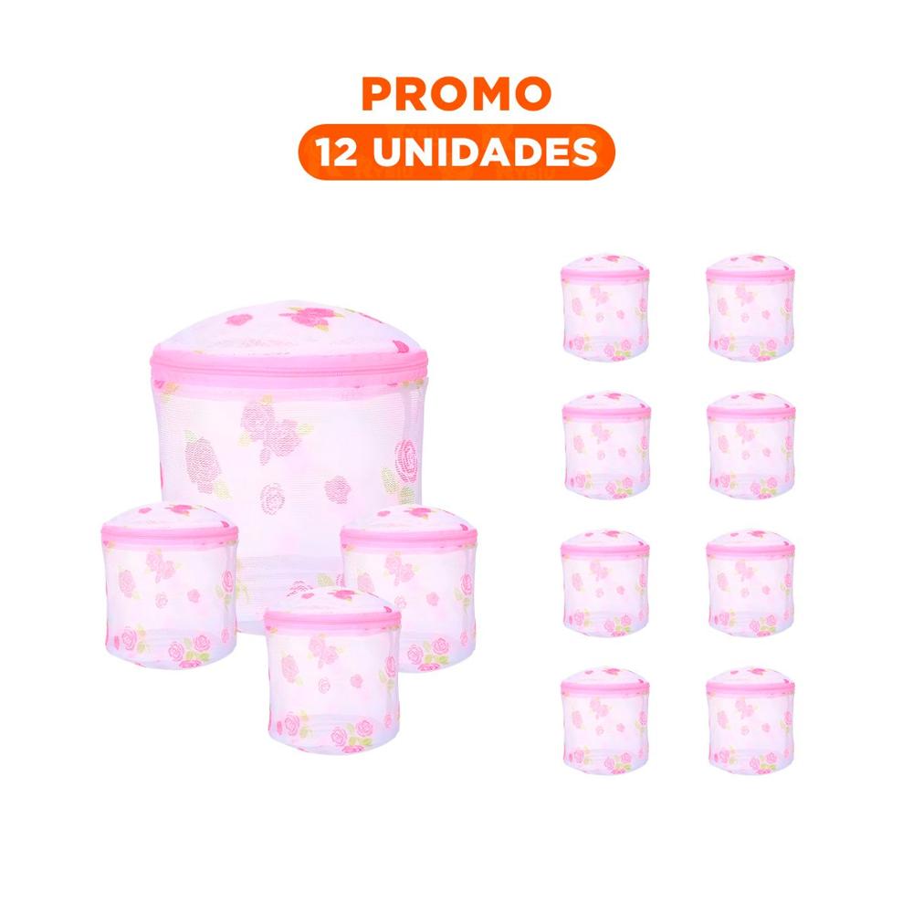 Pack12 Bolso Malla para Limpieza Ropa Formato Cilindro Blanco con Flores