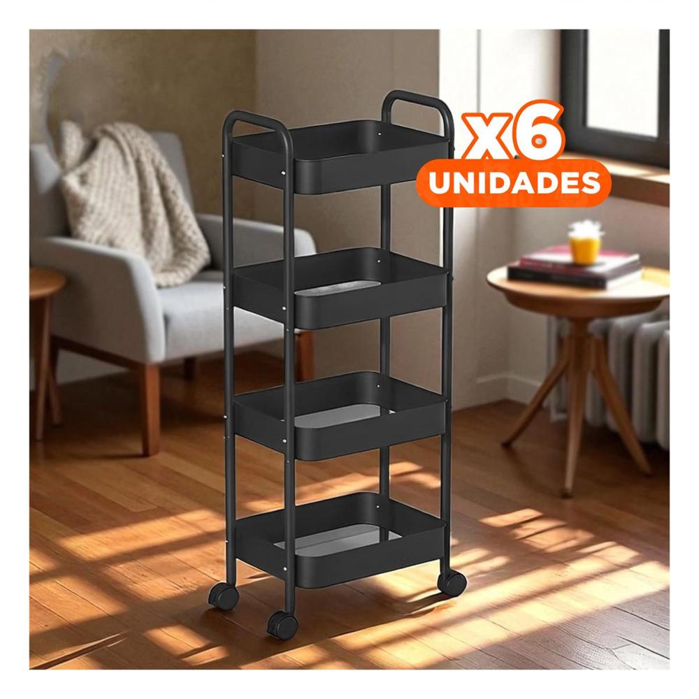 Pack6 Base Movil de Metal Negro con Cuatro Niveles y Ruedas para Orden en Hogar Y Papel Regalo