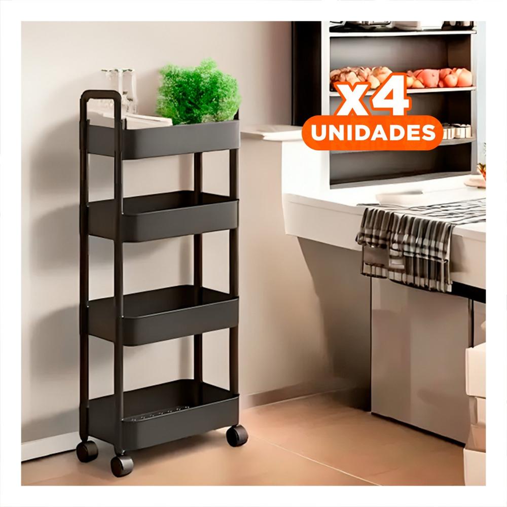 Pack4 Rack Auxiliar 4 Niveles con Ruedas y Asas de Plastico Negro para Hogar Y Papel Regalo