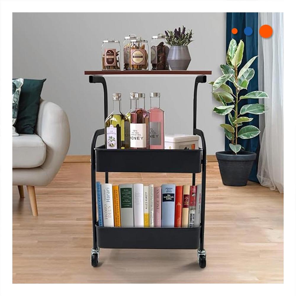 Estante Carrito con Mesa 3 Niveles Soporte Organizador con Ruedas Negro Y notas