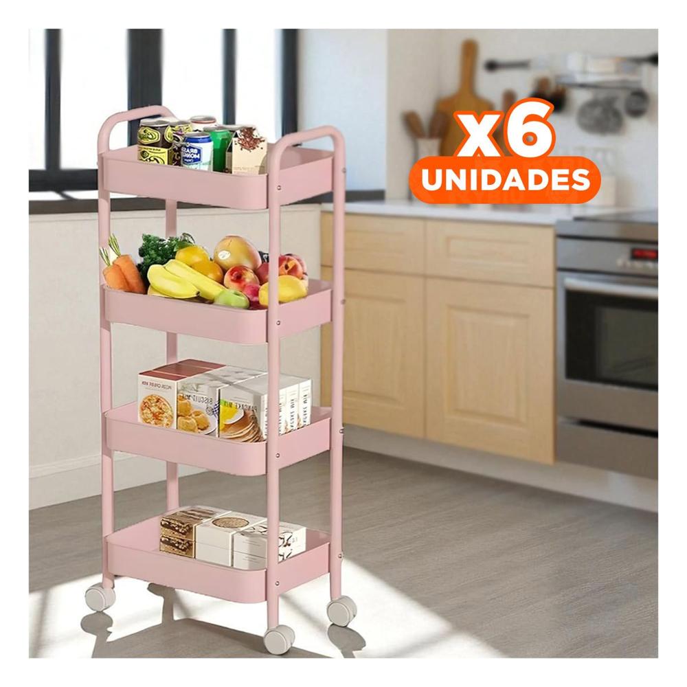 Pack6 Base organizadora de 4 niveles con ruedas y asas para hogar metal rosado