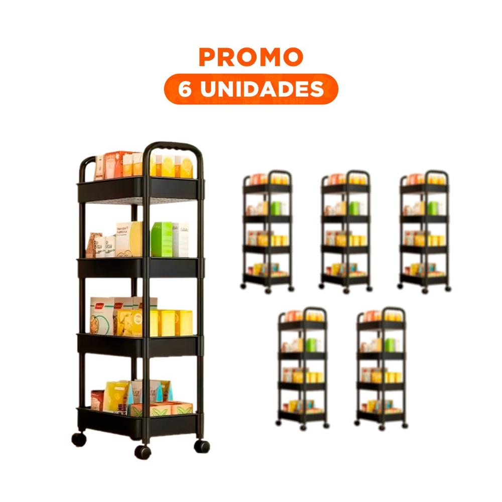 Pack6 Mueble Organizador 4 Niveles con Ruedas y Asas de Plastico Negro Y Regalo Sticker