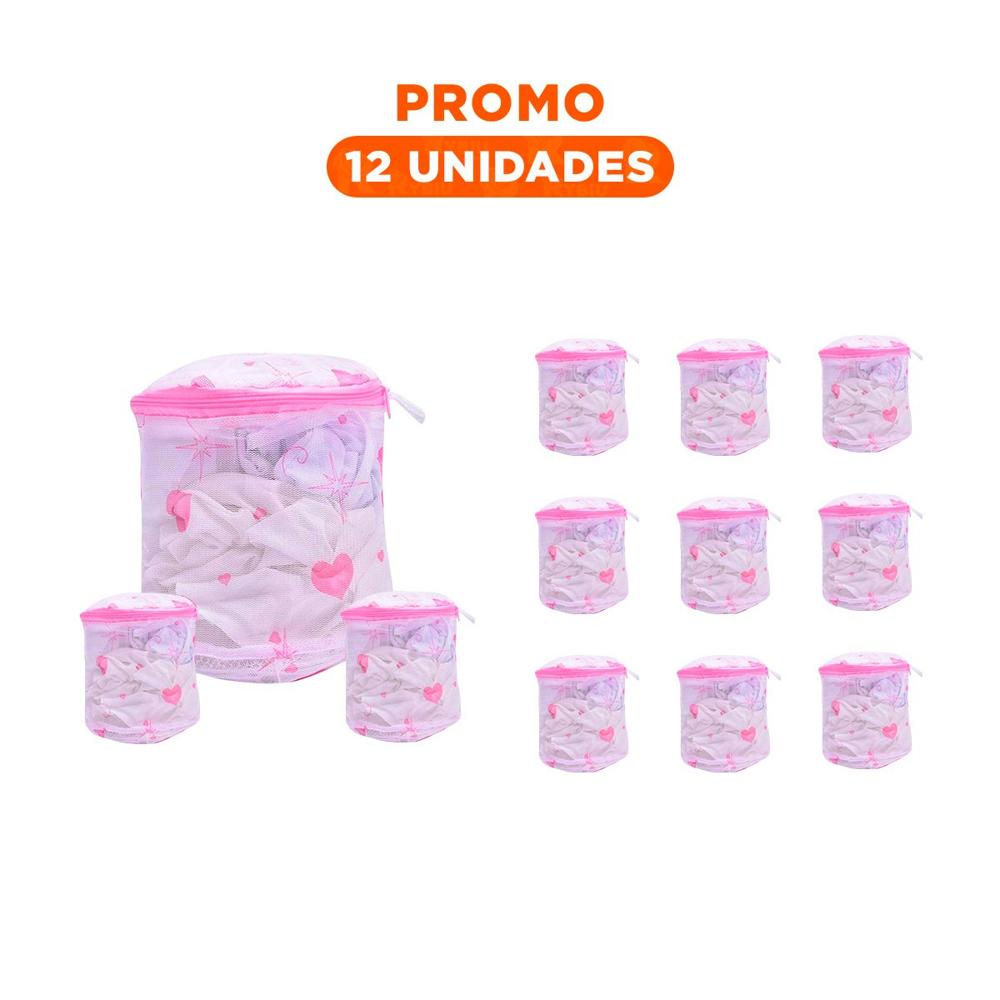 Pack12 Bolso Malla para Limpieza Ropa Formato Cilindro Blanco con Corazones