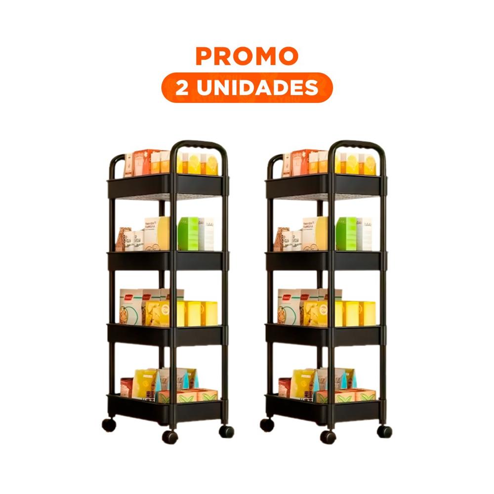 Pack2 Organizador Auxiliar 4 Niveles con Ruedas y Asas de Plastico Negro Y Regalo Sticker