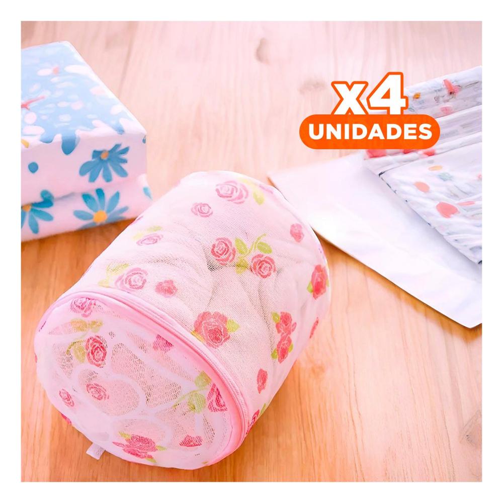 Pack4 Bolso Malla para Lavar Ropa Diseno Cilindro Blanco con Flores Suave Y Regalo Sticker