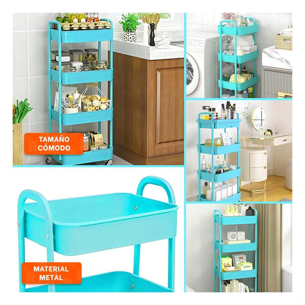 Mueble Organizador de Cuatro Niveles con Ruedas y Asas Metal Celeste Casa Y Ligas Regalo