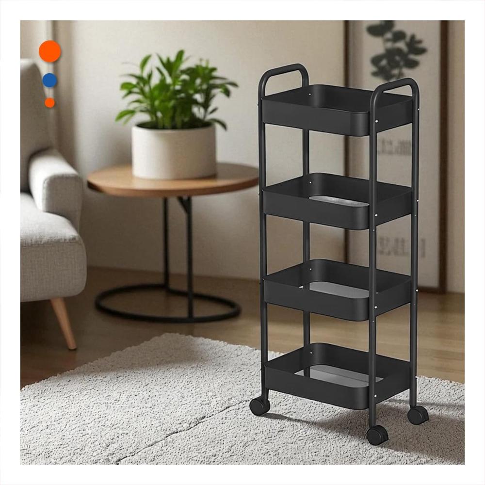 Estante Carrito de Metal Negro con 4 Niveles y Ruedas para Organizar Hogar