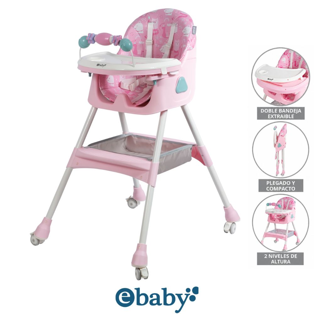 Silla de comer Ebaby Lulu Fuscia Con Ruedas Doble bandeja