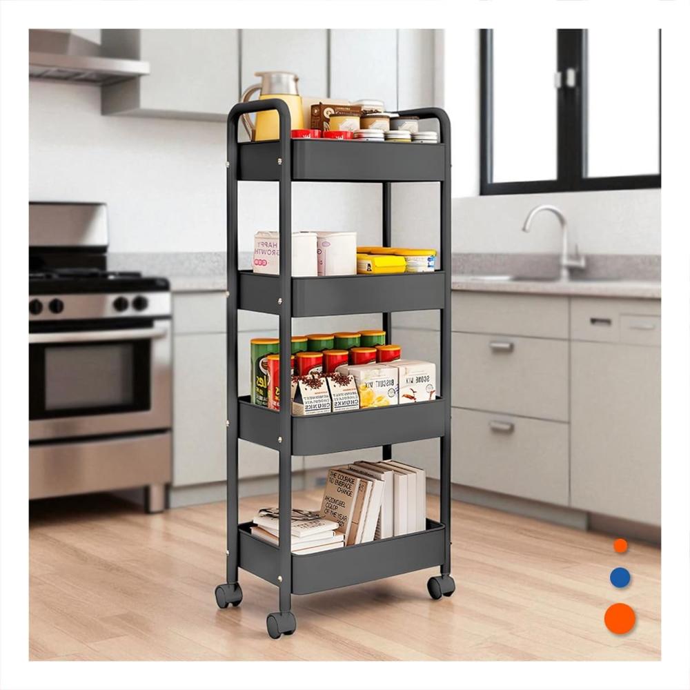 Rack Movil de Metal Negro con 4 Niveles y Ruedas para Ordenar Espacios Casa Y notas