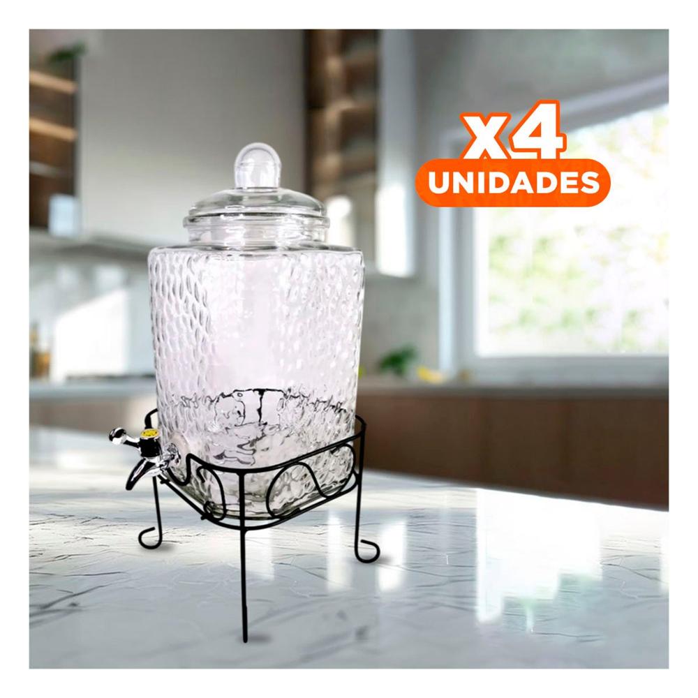 Pack4 Deposito de Bebida Transparente 6L con Base Metalica para Uso en Hogar Y Papel Regalo