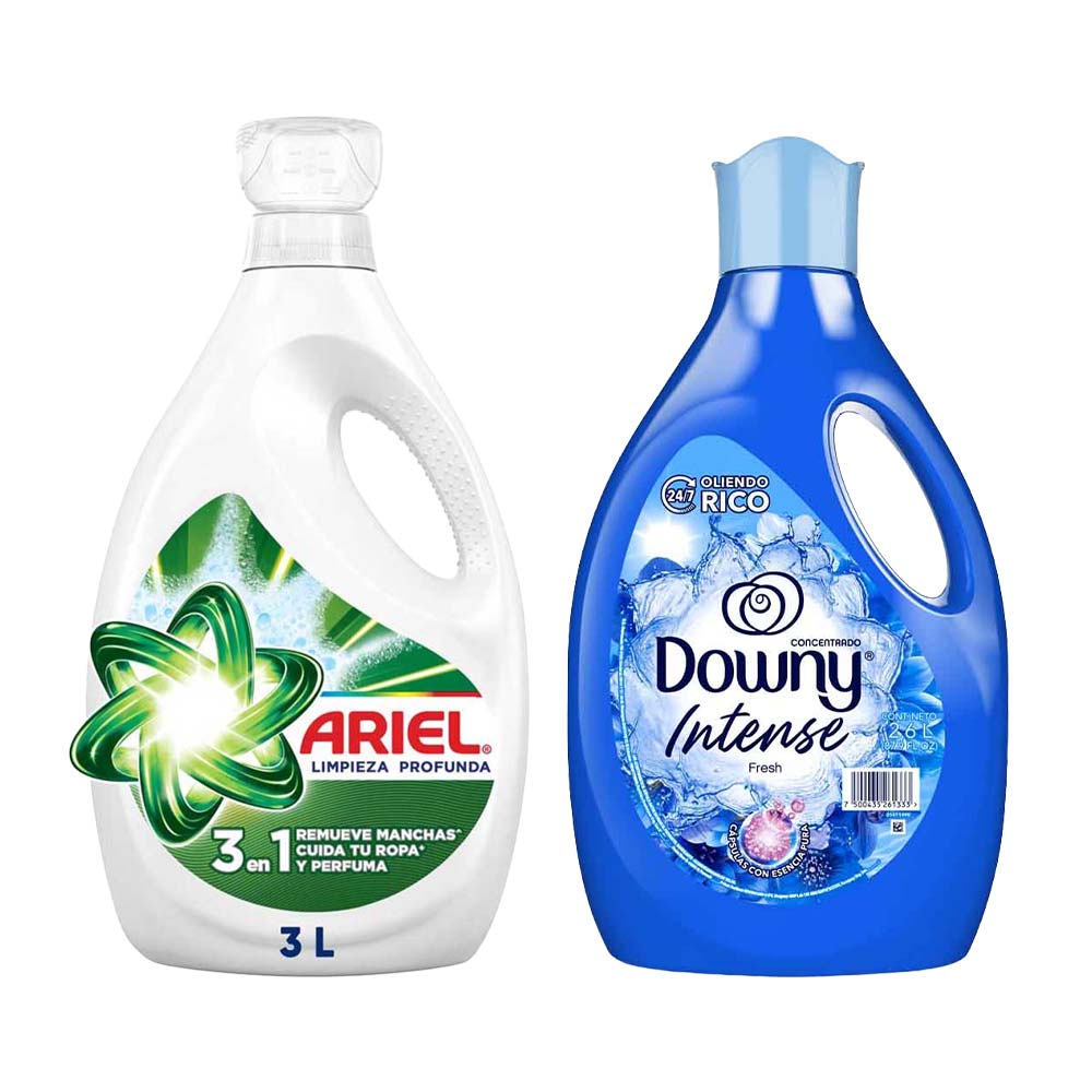Pack Detergente Líquido Concentrado ARIEL Limpieza Profunda Frasco 3L + Suavizante DOWNY Intense Fresh Botella 2.6L