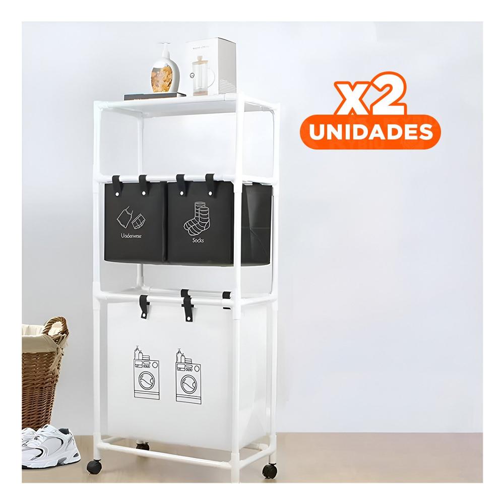 Pack2 Mueble Ropa Sucia 3 Niveles con 3 Cestos para Hogar Negro y Blanco
