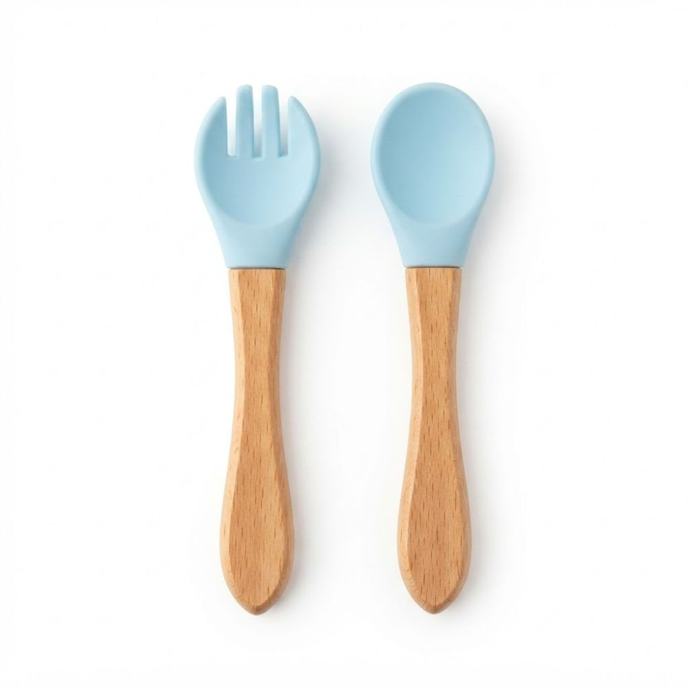 Set de Cucharra y Tenedor De Silicona con Madera Con Estuche Color Celeste Bebé